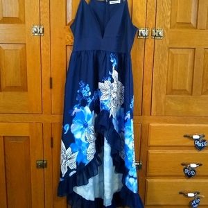 Voinnia navy floral print sleeveless sexy high low ruffle flowy maxi dress